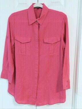 Chaus Sport Buttonfront Shirt, Size S, Linen, Fuschia, Button Cuffs